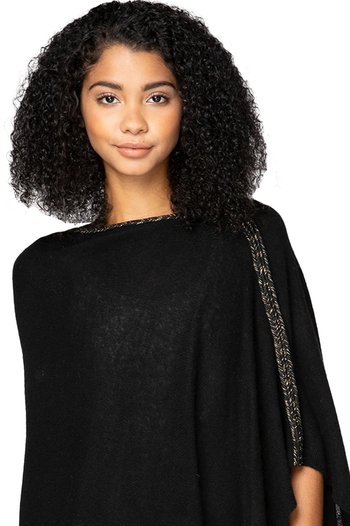 100% Cashmere Sweater Poncho with White-Gold Braided Trim