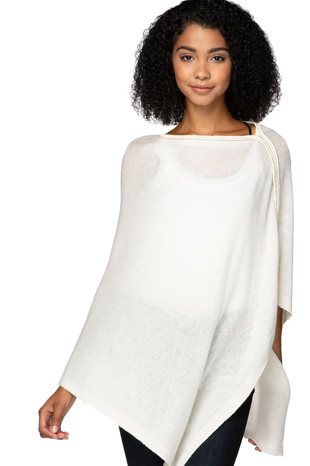 100% Cashmere Sweater Poncho with White-Gold Braided Trim