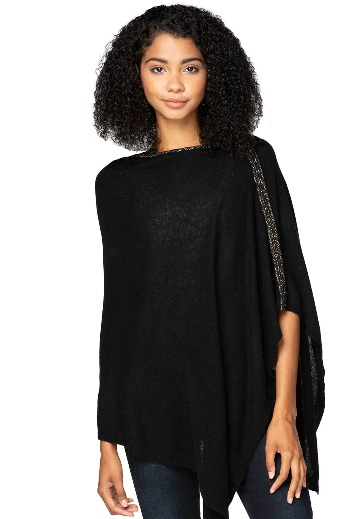 100% Cashmere Sweater Poncho with White-Gold Braided Trim