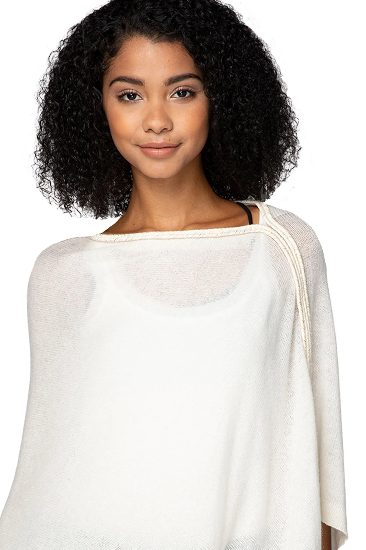 100% Cashmere Sweater Poncho with White-Gold Braided Trim