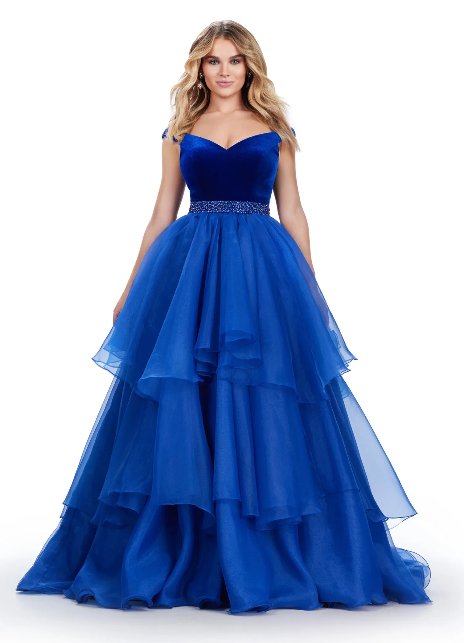 Ashley Lauren 11563 Long Prom Dress Off Shoulder Organza Ball Gown Velvet Bustier Beaded Belt Formal Pageant Gown