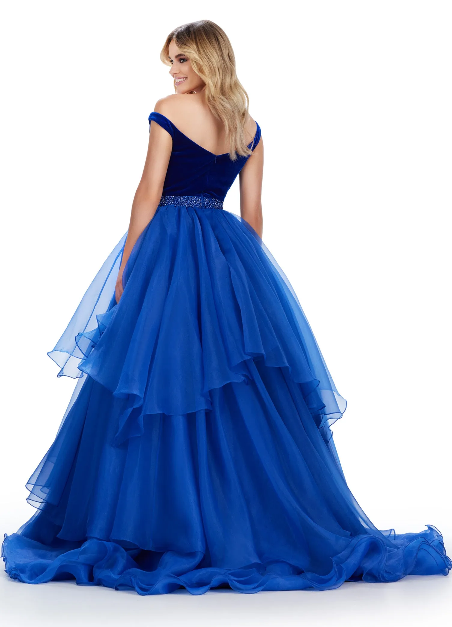 Ashley Lauren 11563 Long Prom Dress Off Shoulder Organza Ball Gown Velvet Bustier Beaded Belt Formal Pageant Gown