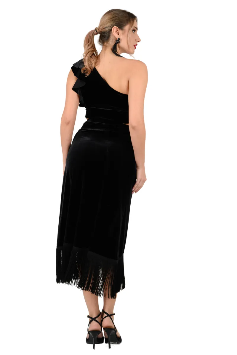 Black Velvet Wrap Effect Dance Skirt With Fringe