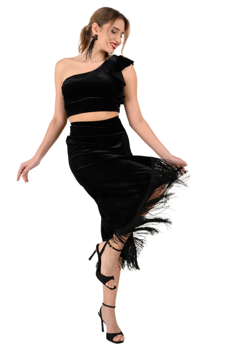 Black Velvet Wrap Effect Dance Skirt With Fringe