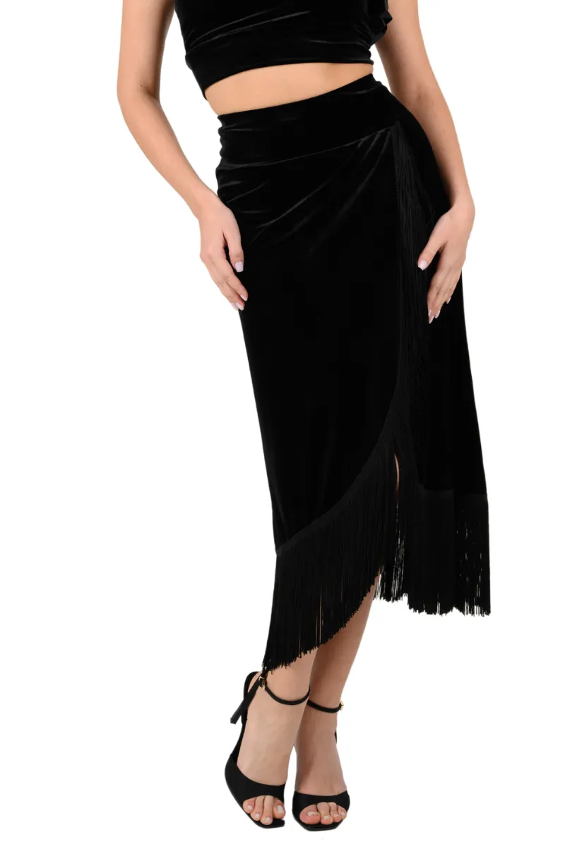 Black Velvet Wrap Effect Dance Skirt With Fringe