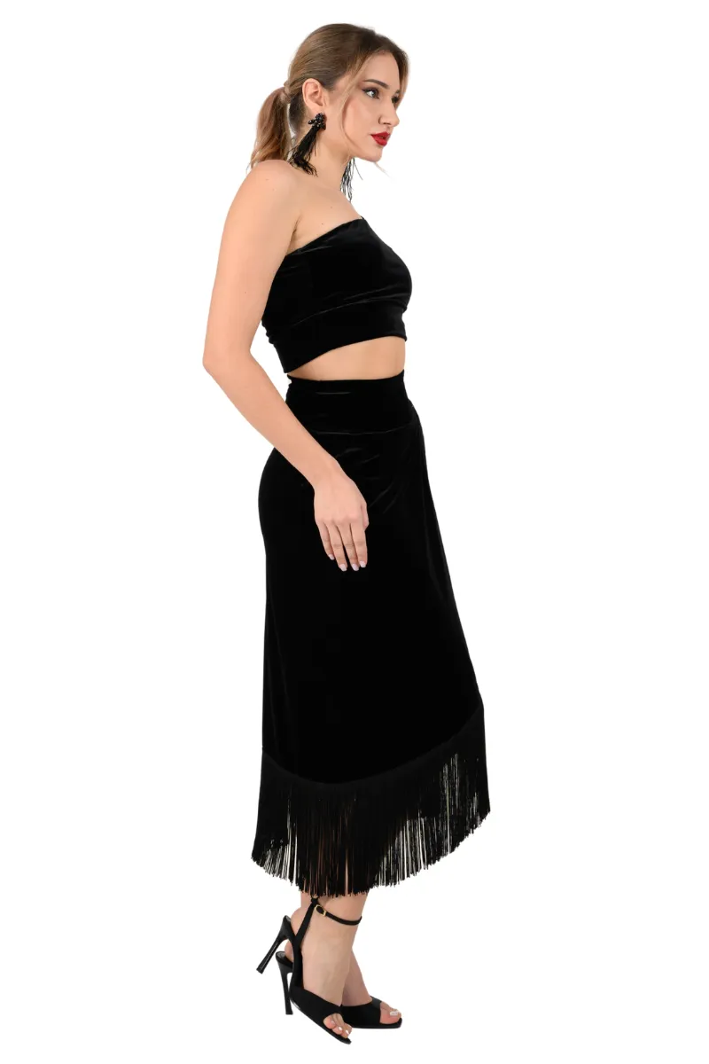 Black Velvet Wrap Effect Dance Skirt With Fringe