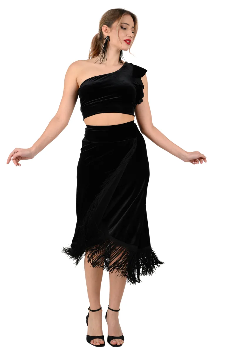 Black Velvet Wrap Effect Dance Skirt With Fringe