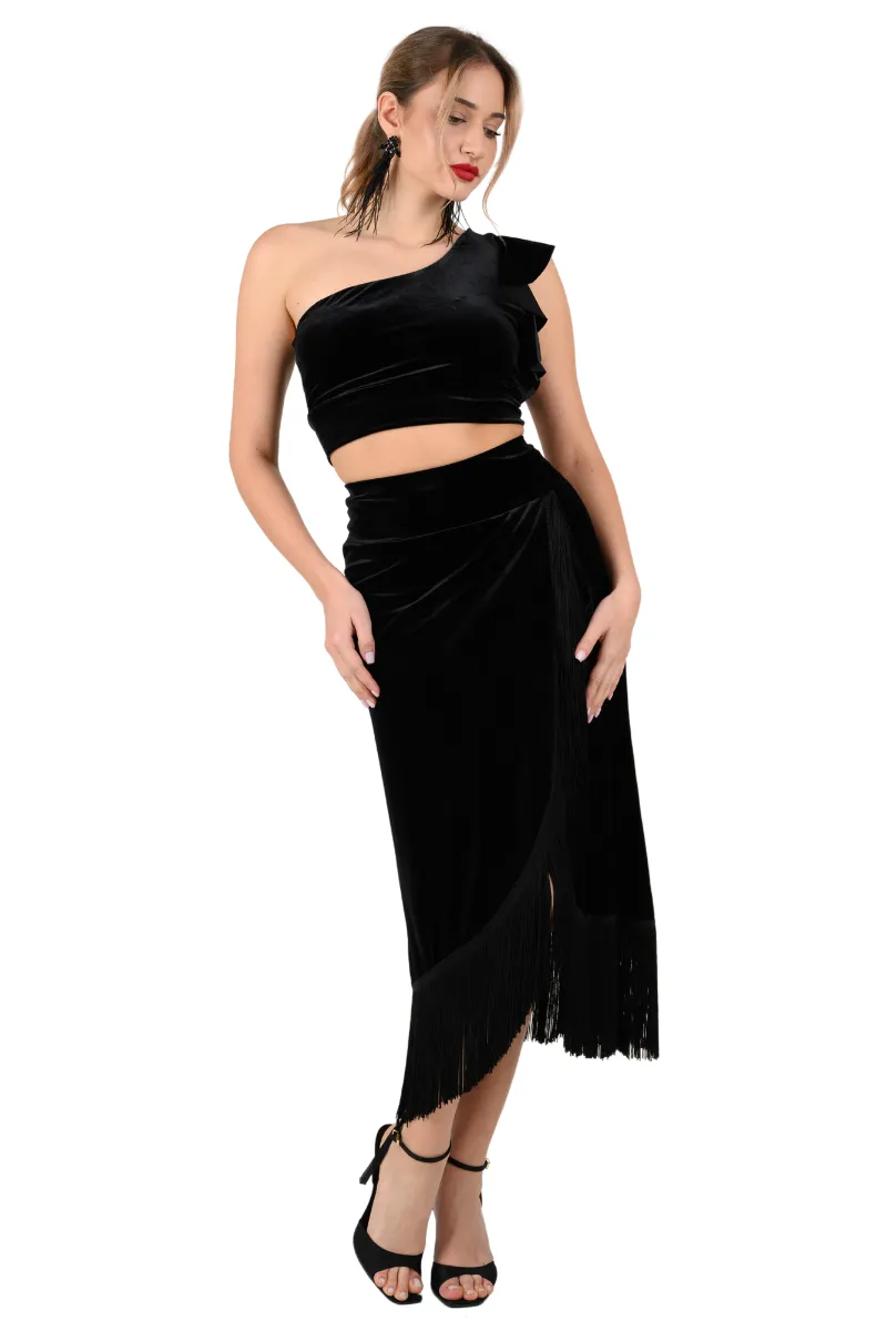 Black Velvet Wrap Effect Dance Skirt With Fringe