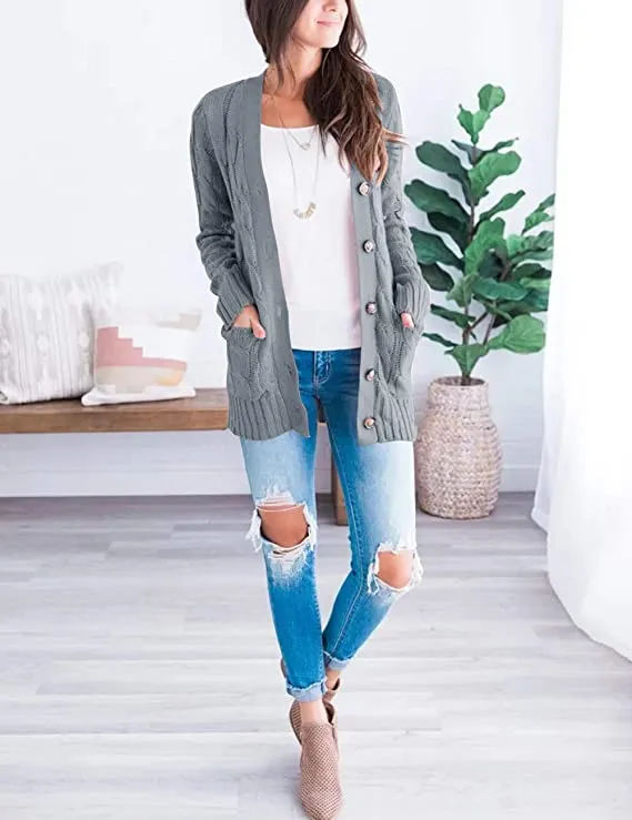 Black Women's Long Sleeve Cable Knit Sweater Open Front Cardigan Button Loose Outerwear - MEROKEETY