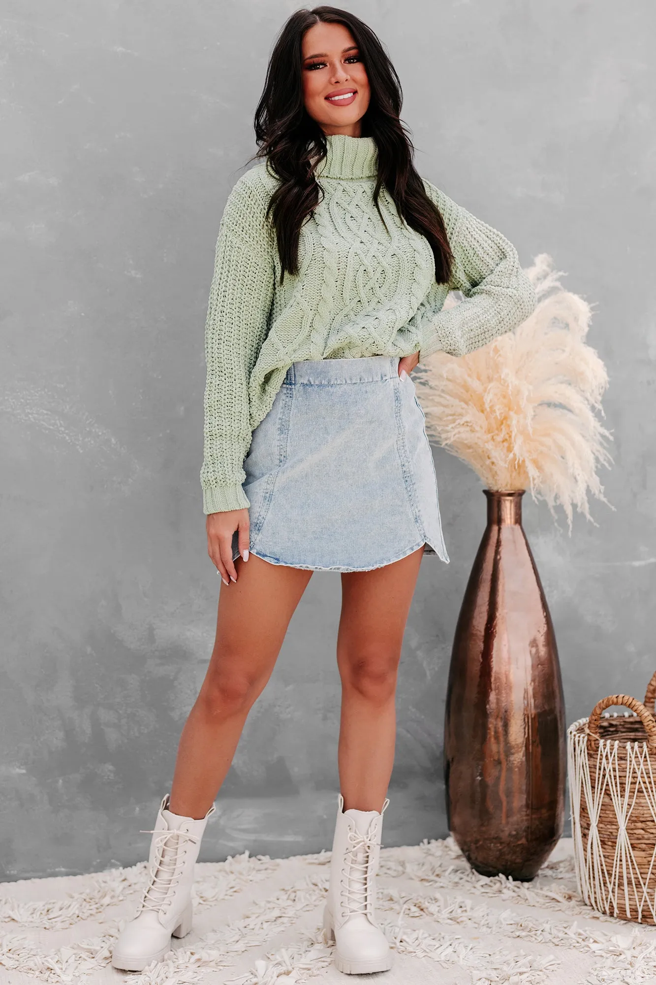 Blizzard Bliss Chenille Cable Knit Sweater (Leaf)