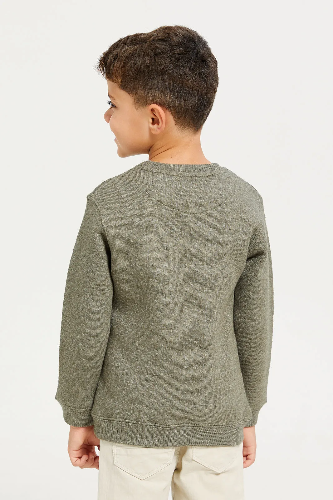 Boys Olive Snow Look Crew Neck Pullover