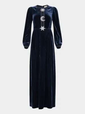 Camille Embellished Sun Moon Star Long Dress in Dark Navy