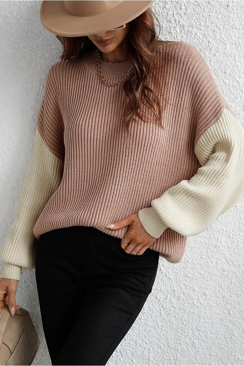 COLOR BLOCK SLEEVE KNIT WARM SWEATER