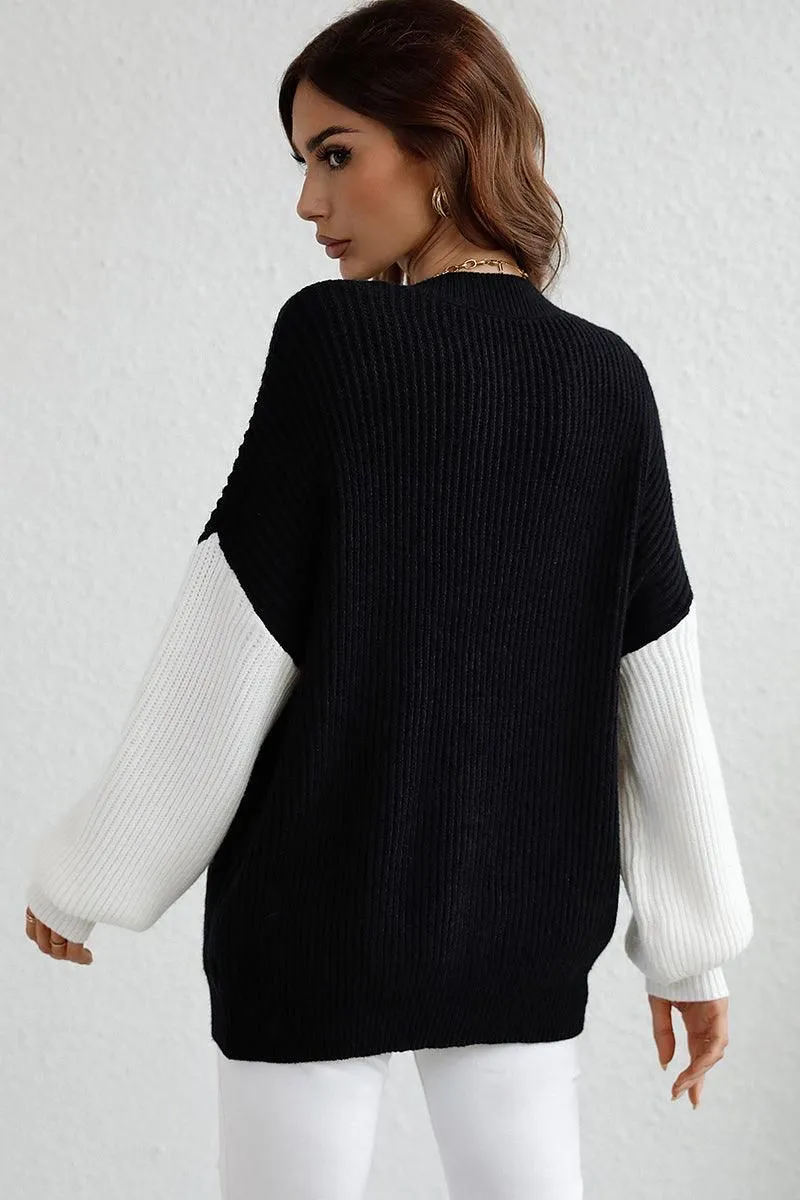 COLOR BLOCK SLEEVE KNIT WARM SWEATER