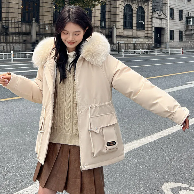 Elegant Waist Tight Short Parka with Removable Faux Fur Collar Chic Winter Essential