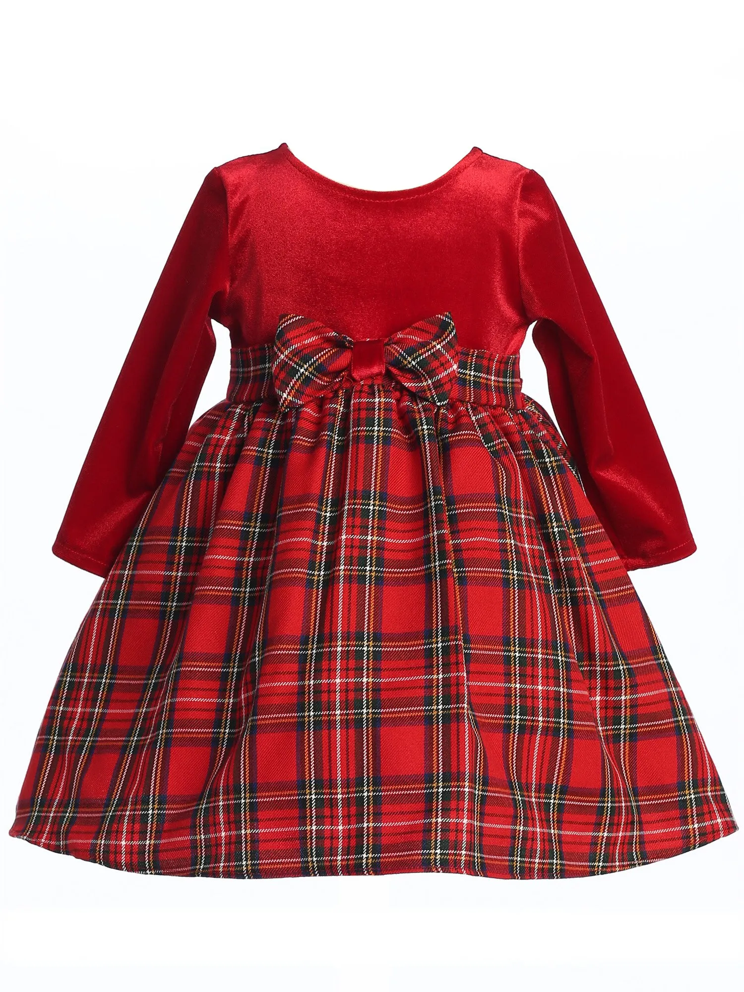 Girls Red Stretch Velvet Plaid Pattern Bow Occasion Dress 2T-10