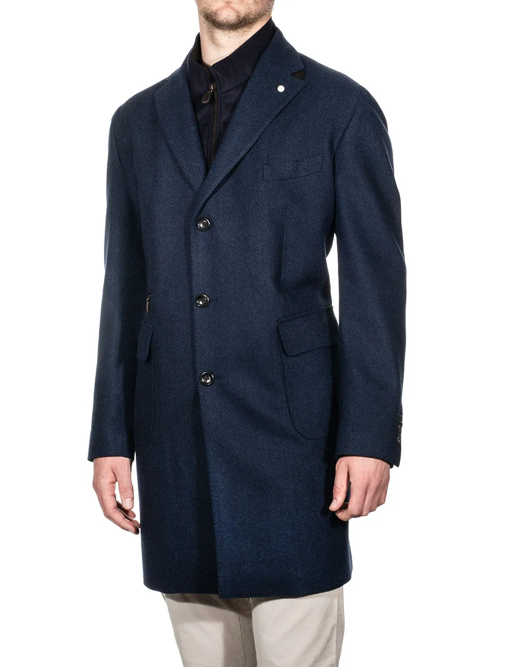 Herringbone Overcoat With Zip Insert Blue