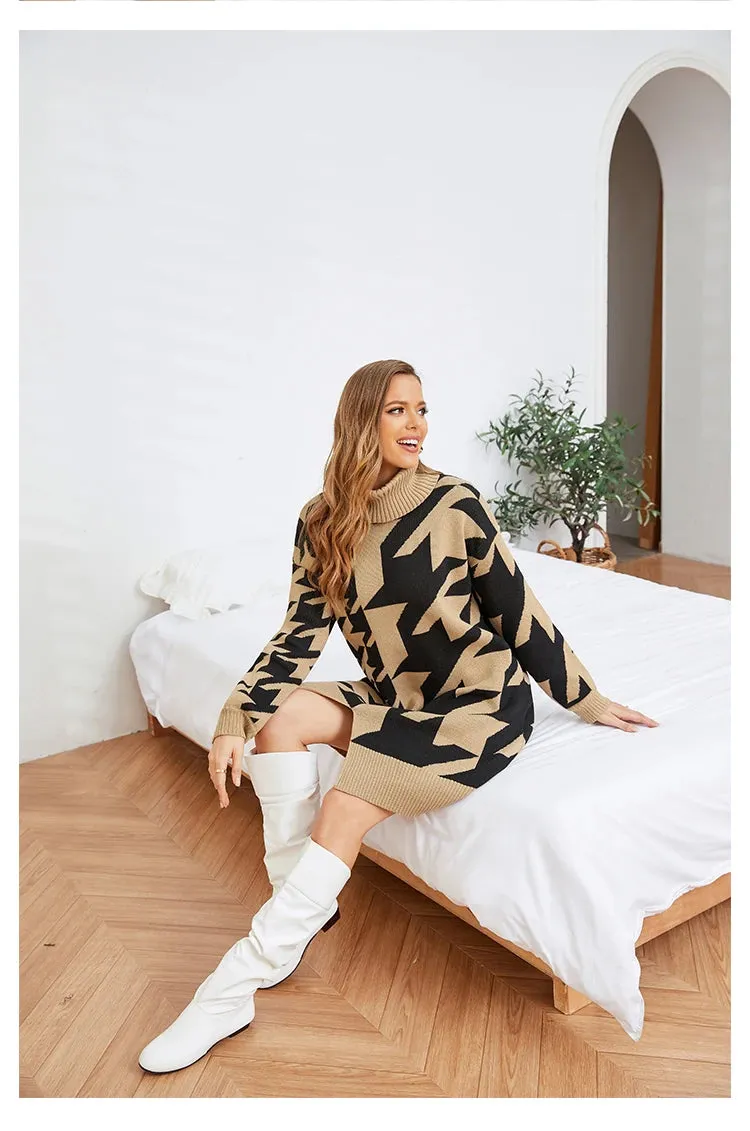 Houndstooth Turtleneck Midi Longline Sweater Dress