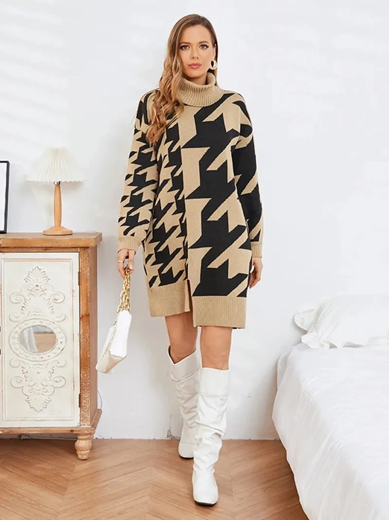 Houndstooth Turtleneck Midi Longline Sweater Dress