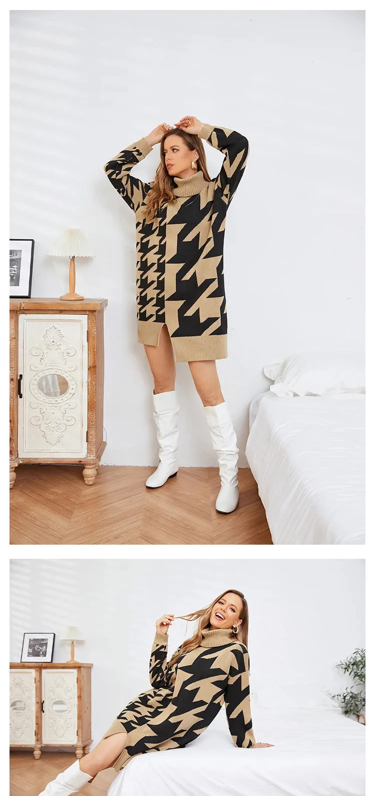 Houndstooth Turtleneck Midi Longline Sweater Dress