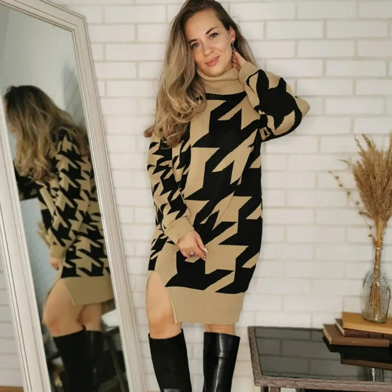 Houndstooth Turtleneck Midi Longline Sweater Dress