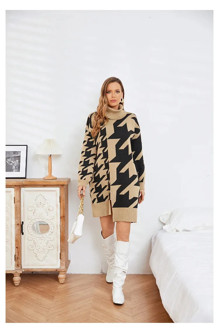 Houndstooth Turtleneck Midi Longline Sweater Dress