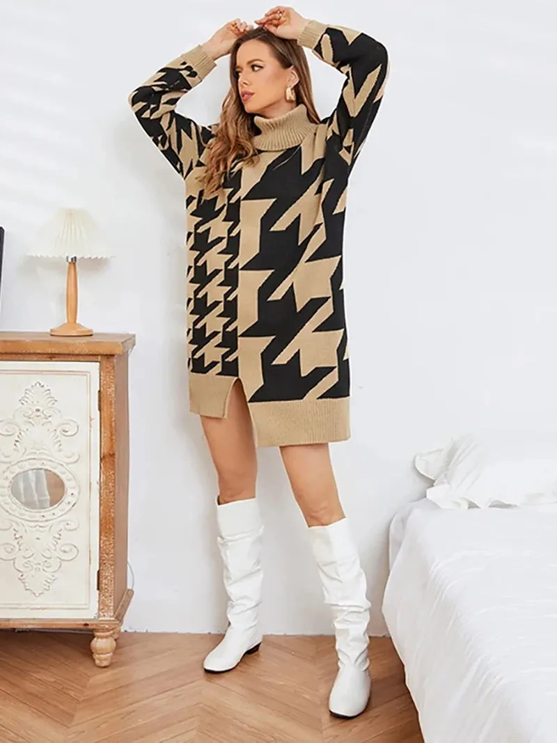 Houndstooth Turtleneck Midi Longline Sweater Dress