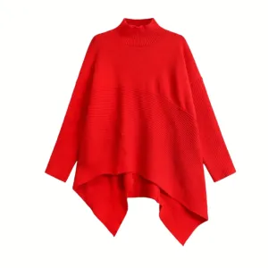 Knitted Asymmetrical Pullover with Turtleneck – Classic Black & Bold Red