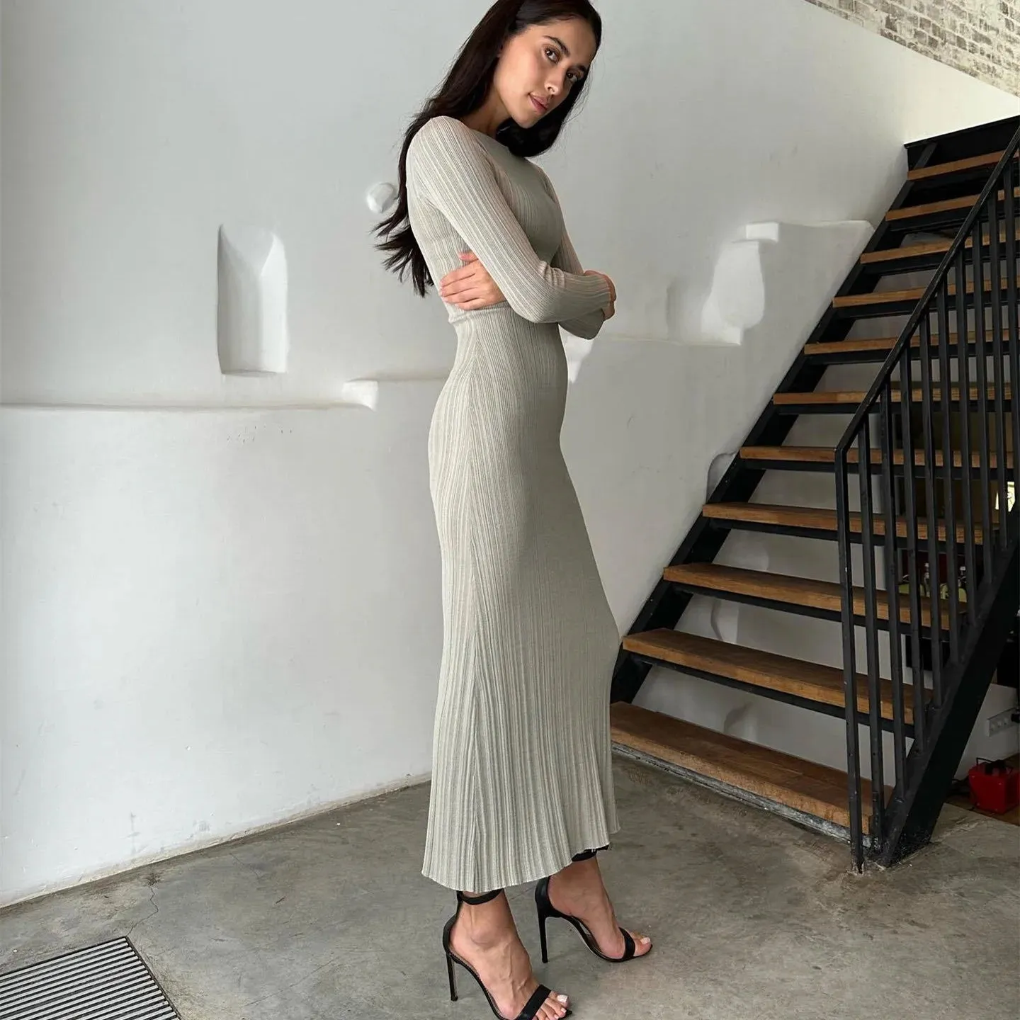 Long Sleeve Knit High Waist Casual Fashion Elegant Stylish Sexy Charming Maxi Dress