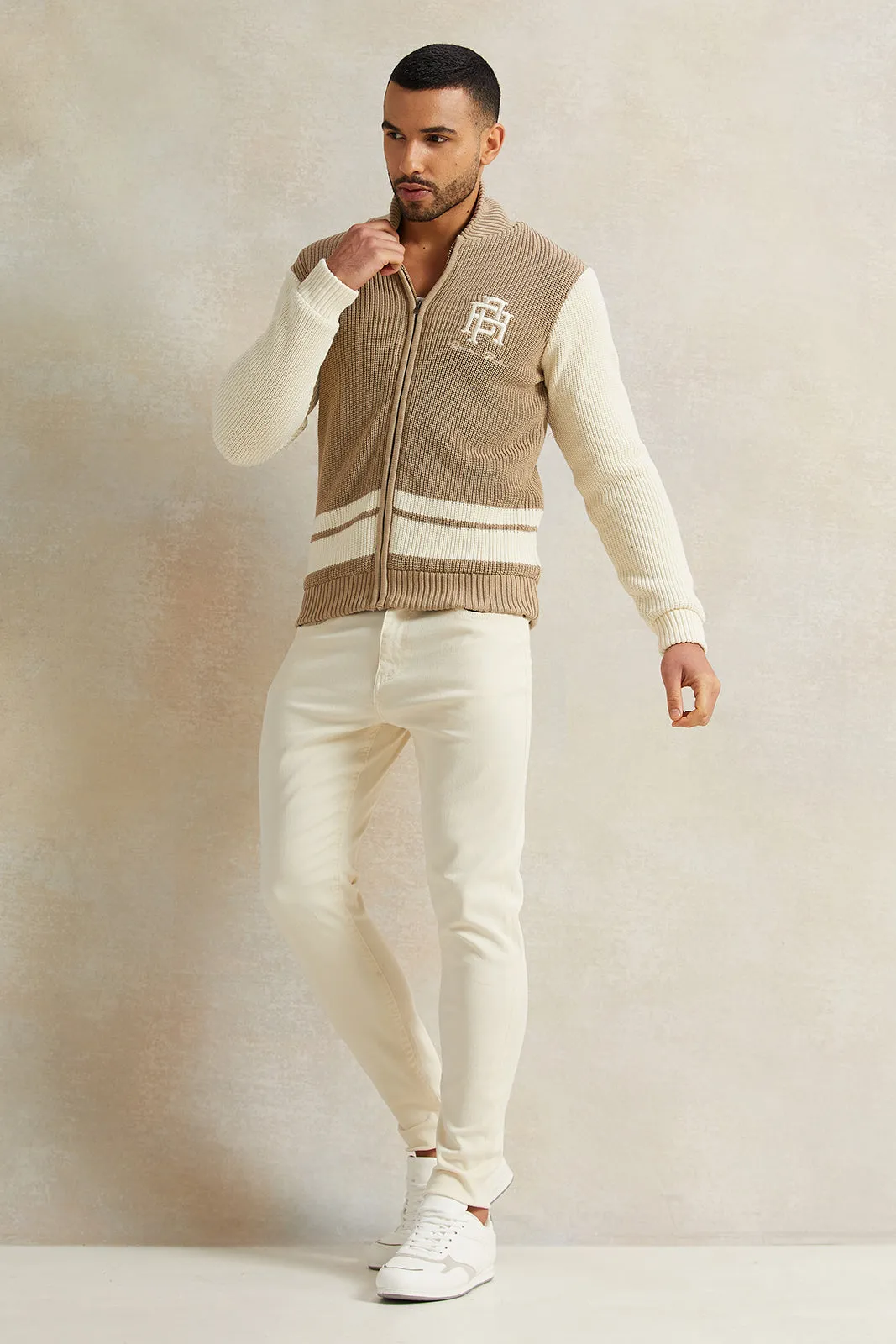 Men Beige Shawl Collar Cardigan With Faux Fur Lining