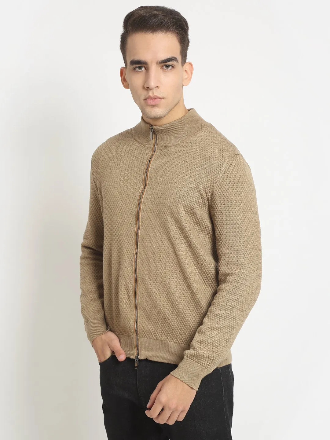 Men Khaki High Neck Knitted Solid Pullover