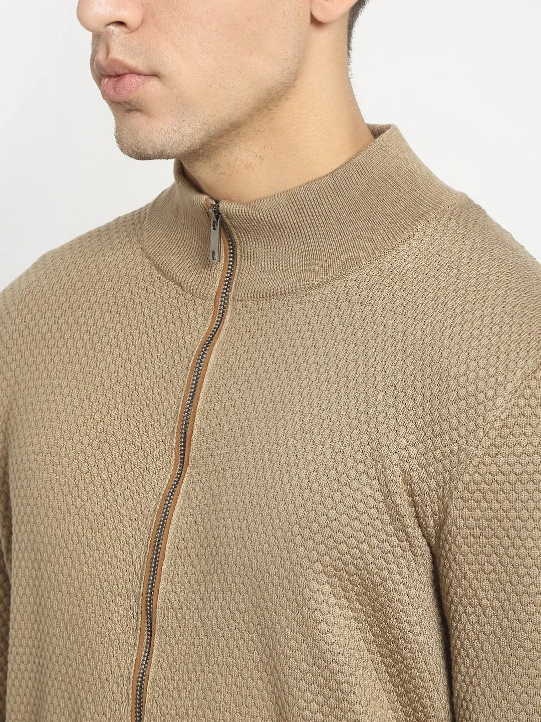 Men Khaki High Neck Knitted Solid Pullover