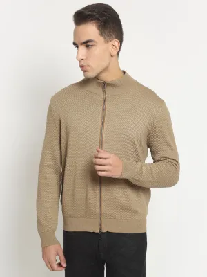 Men Khaki High Neck Knitted Solid Pullover