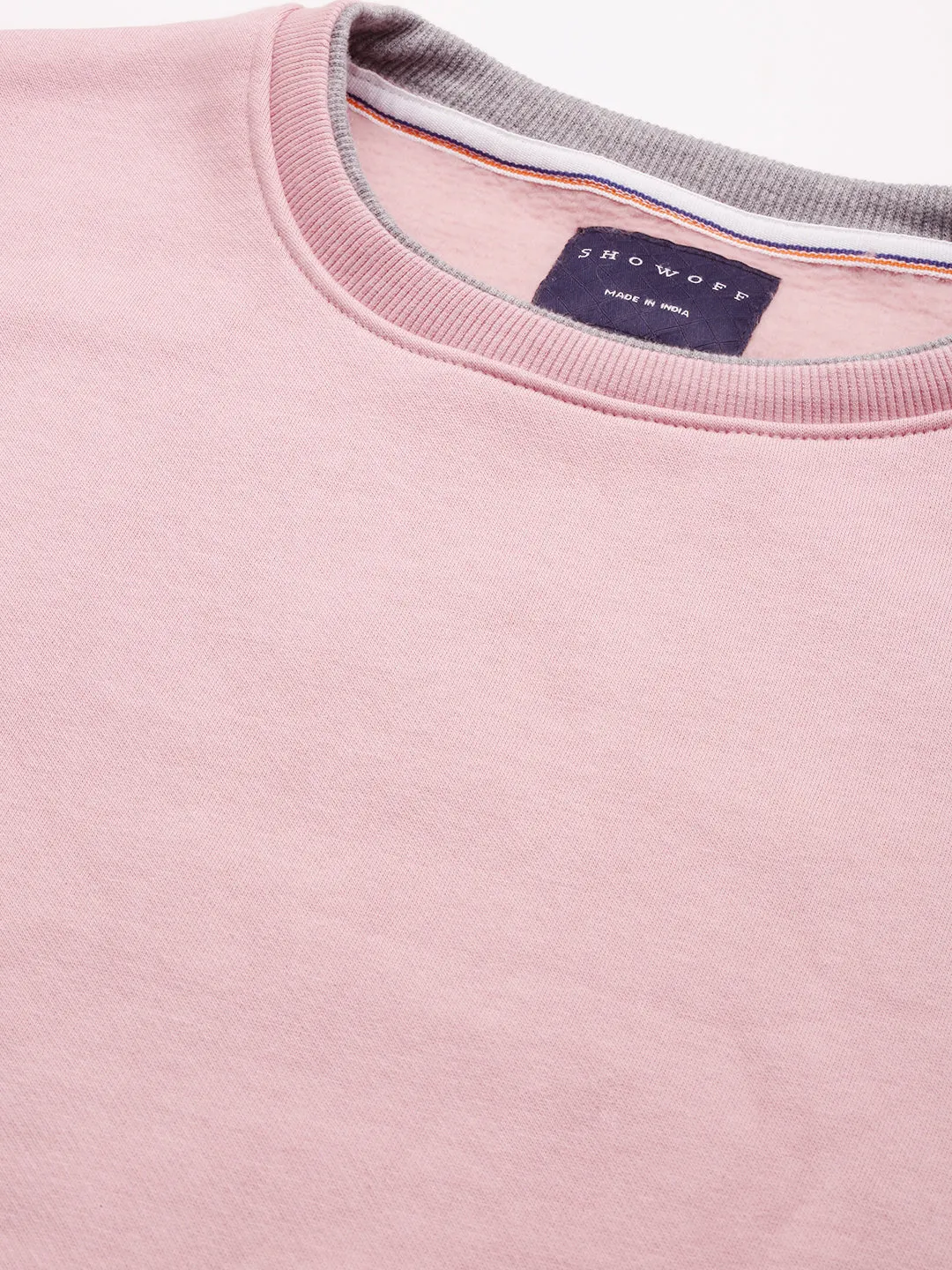 Men Round Neck Solid Pink Pullover