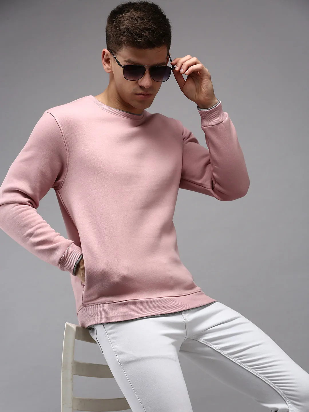 Men Round Neck Solid Pink Pullover