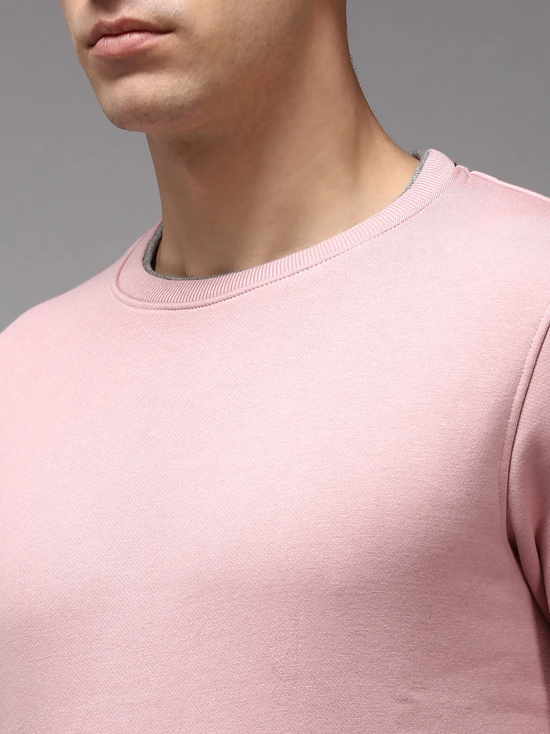 Men Round Neck Solid Pink Pullover