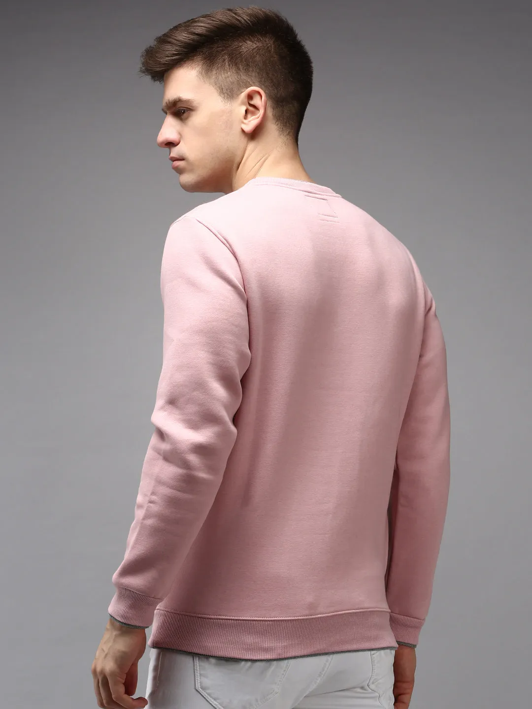 Men Round Neck Solid Pink Pullover