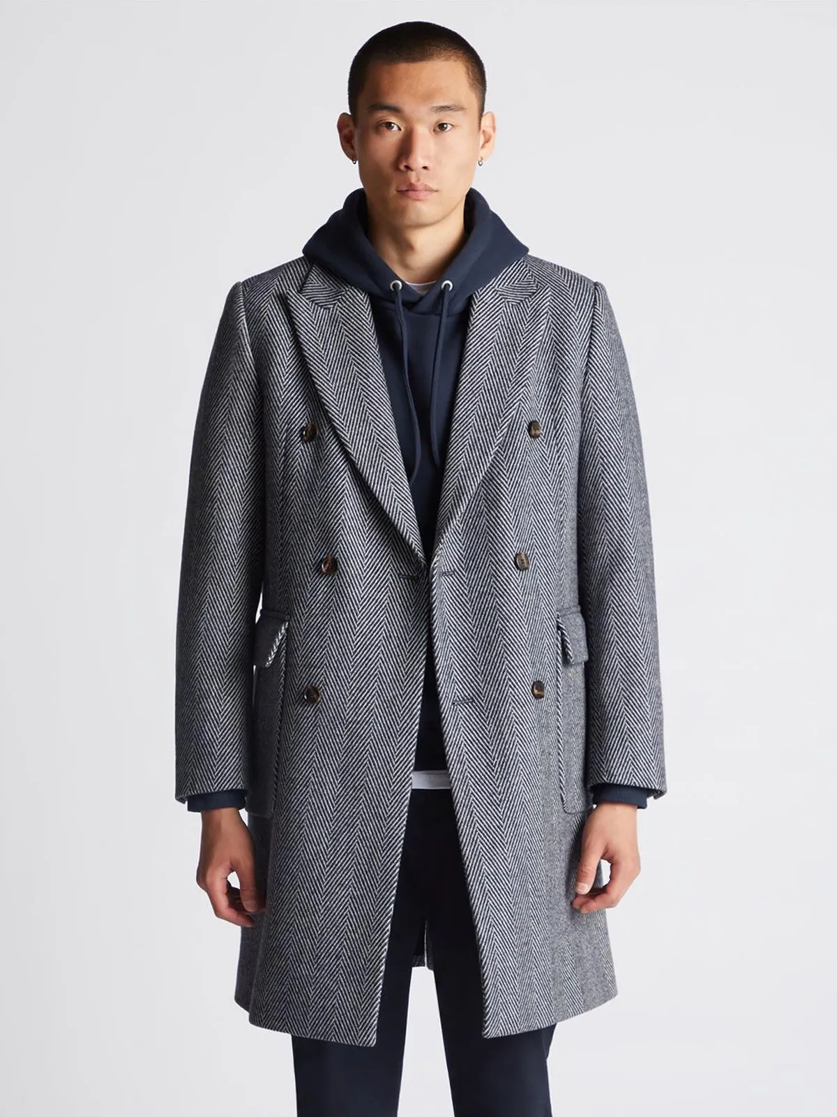 Navy Blue Herringbone Vintage Style Wool Overcoat