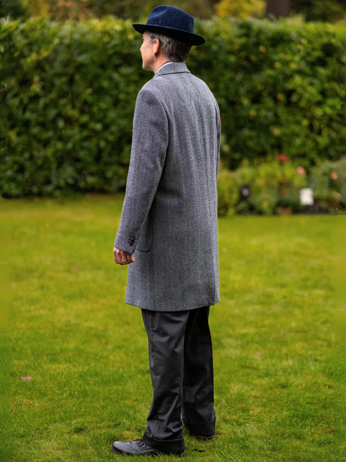 Navy Blue Herringbone Vintage Style Wool Overcoat