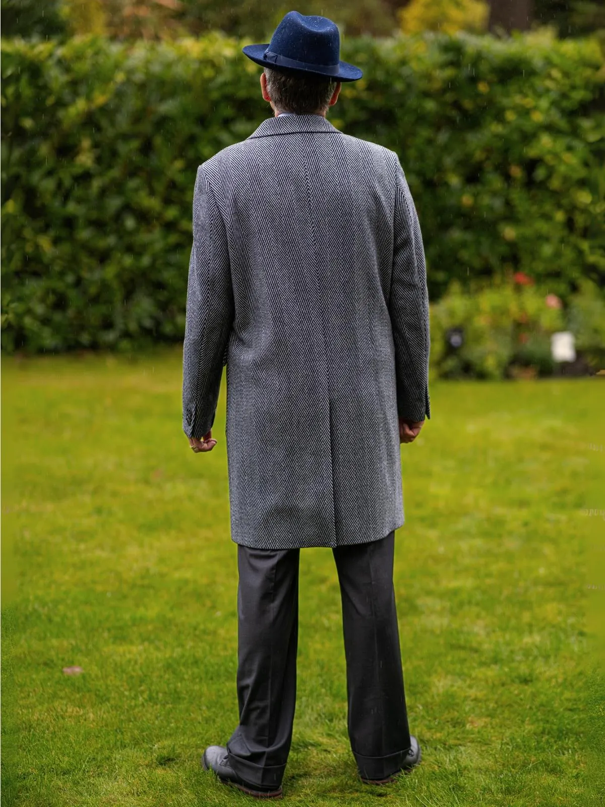 Navy Blue Herringbone Vintage Style Wool Overcoat