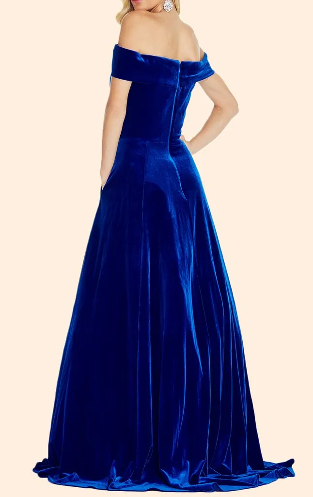 Off Shoulder Royal Blue Velvet Elegant A-line Prom Dresses,PD00322