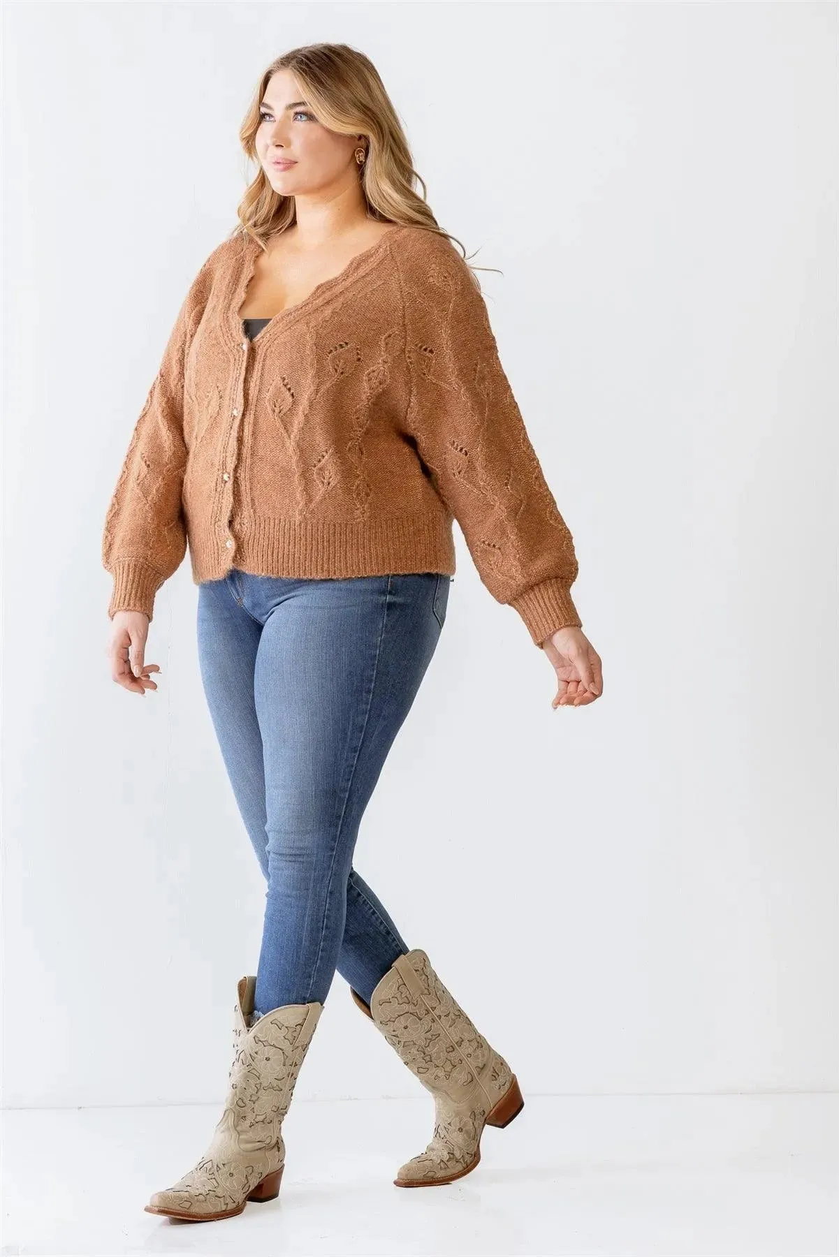 Plus Size Cable Knit Pearl Buttons Cardigan /3-2-1