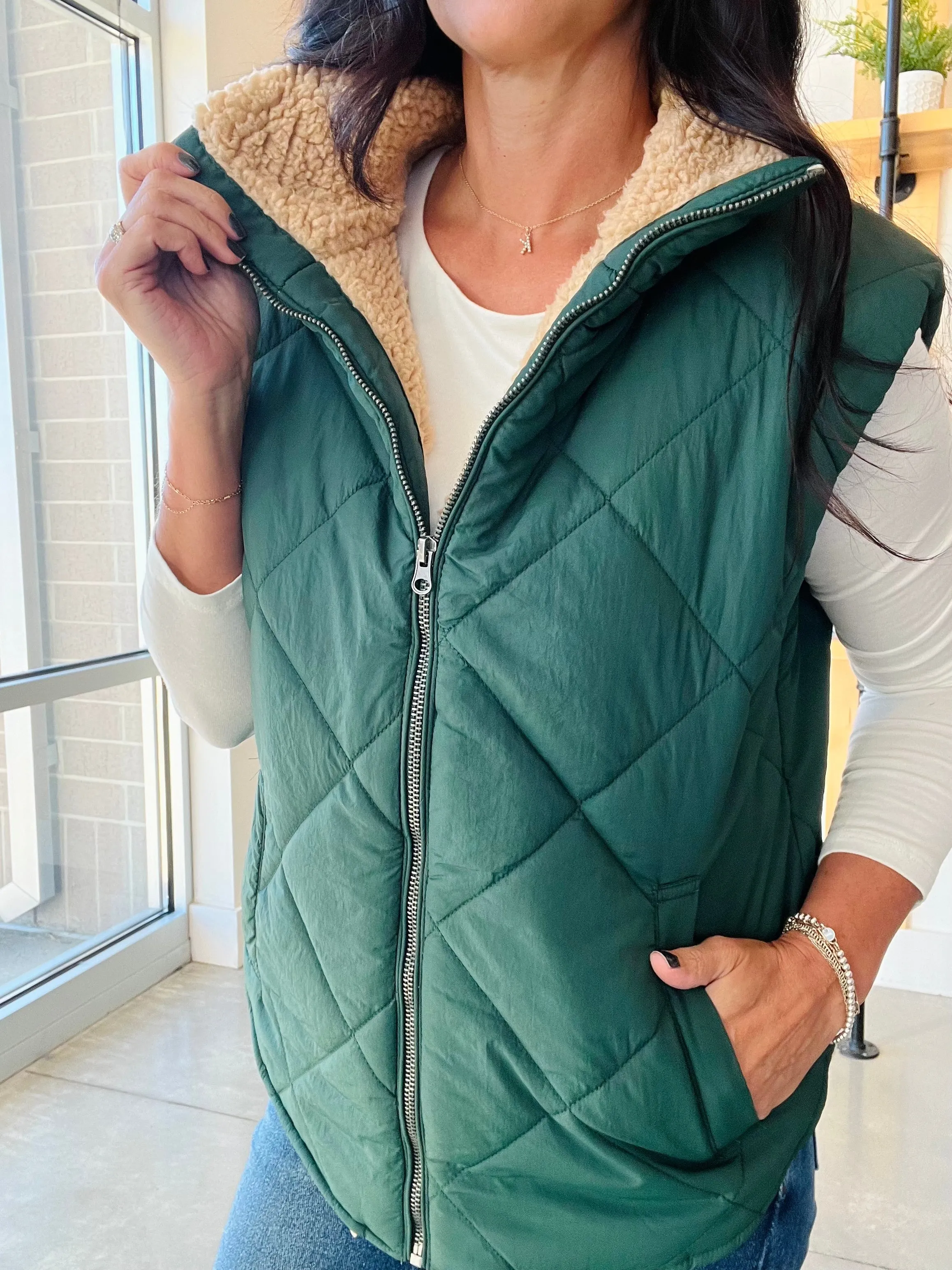 Quilted Fleece Lined Vest in Hunter Green