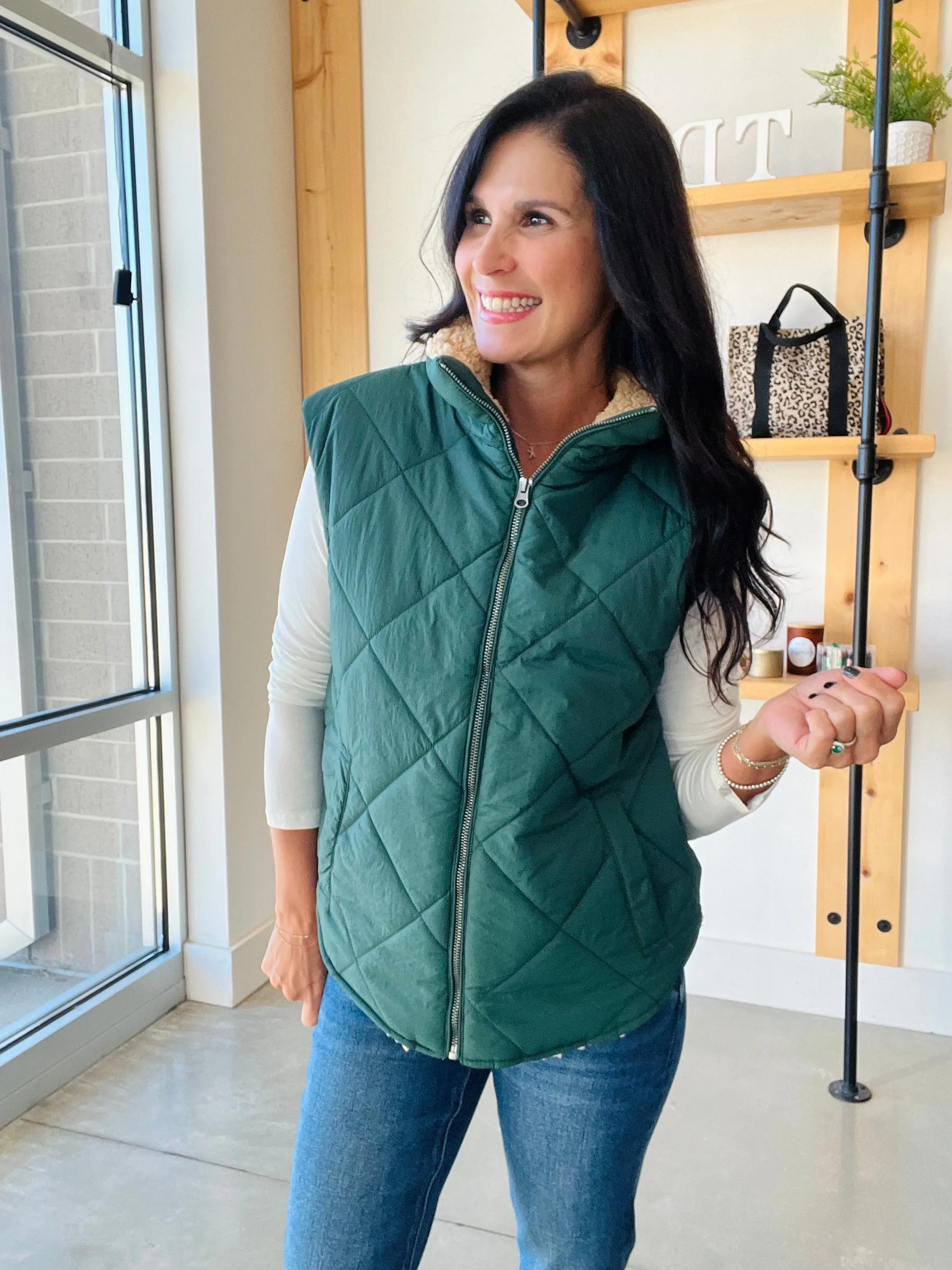 Quilted Fleece Lined Vest in Hunter Green