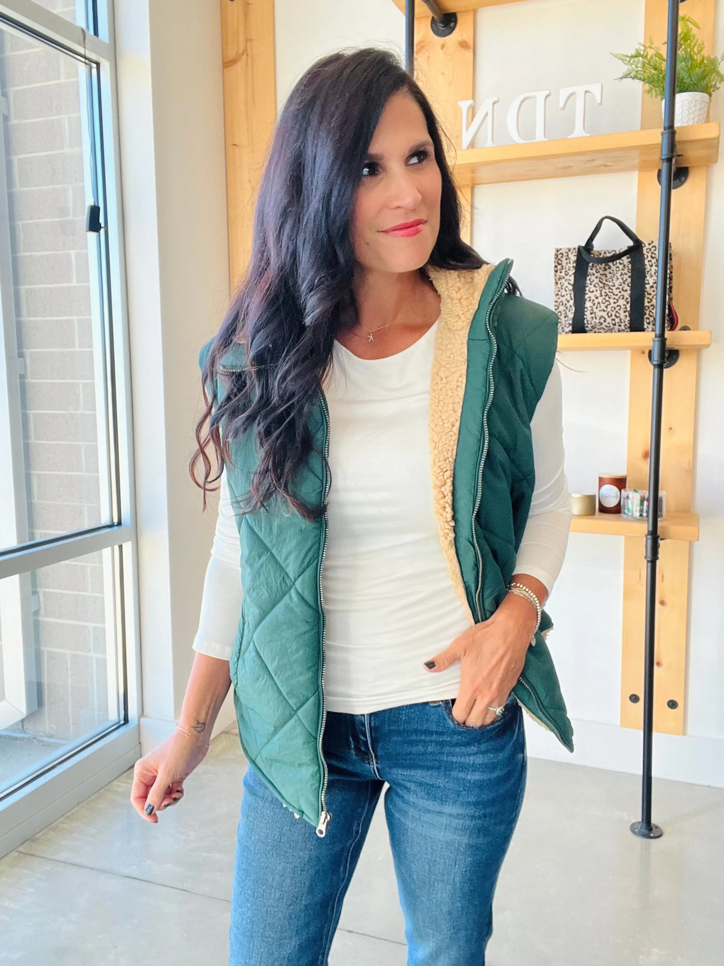 Quilted Fleece Lined Vest in Hunter Green