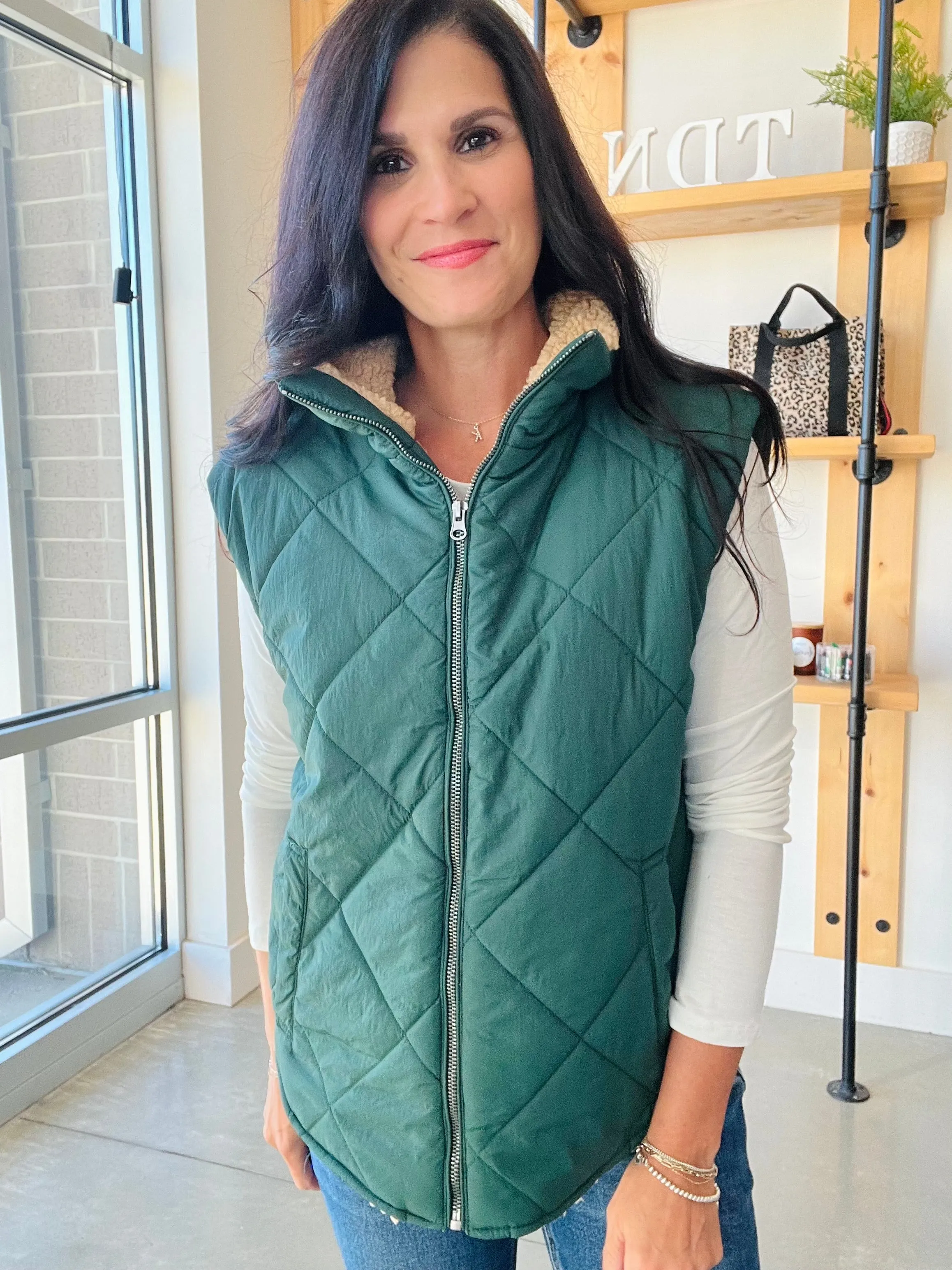 Quilted Fleece Lined Vest in Hunter Green