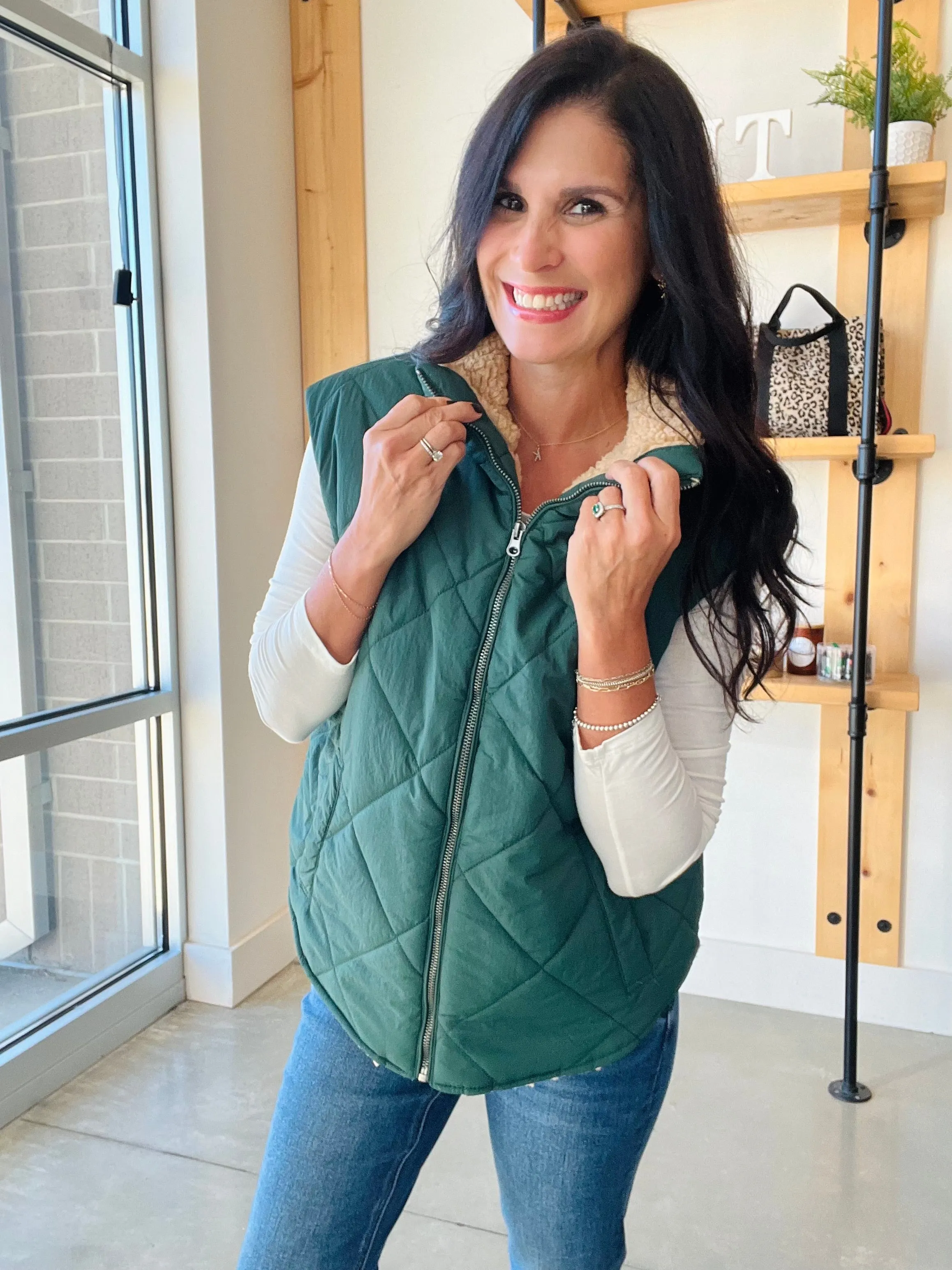 Quilted Fleece Lined Vest in Hunter Green