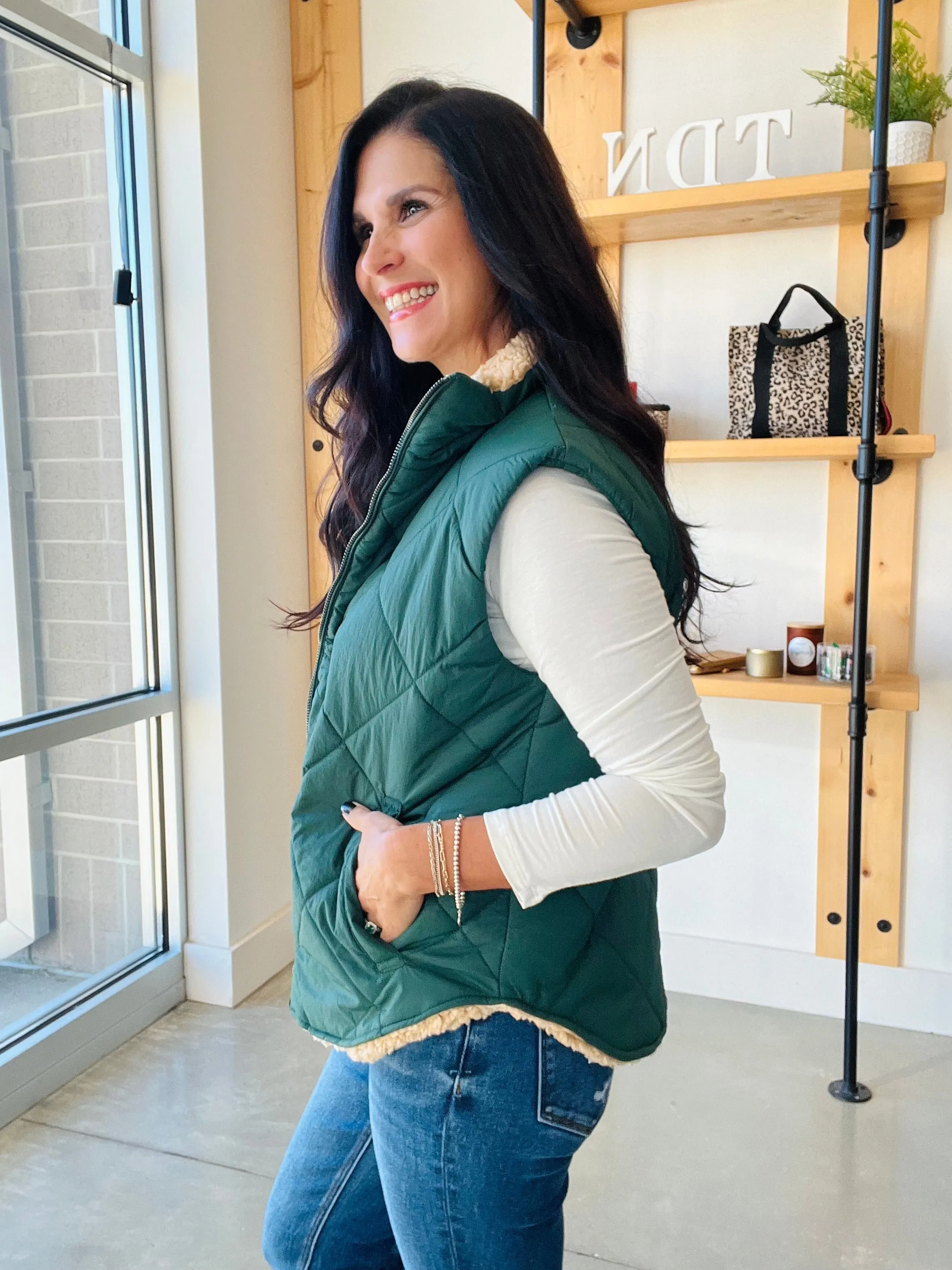 Quilted Fleece Lined Vest in Hunter Green