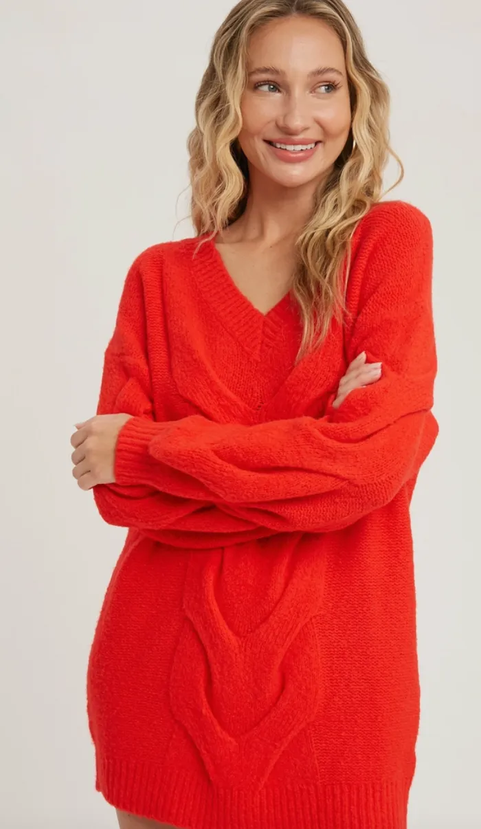 Red Spiral Twist Cable Tunic Sweater