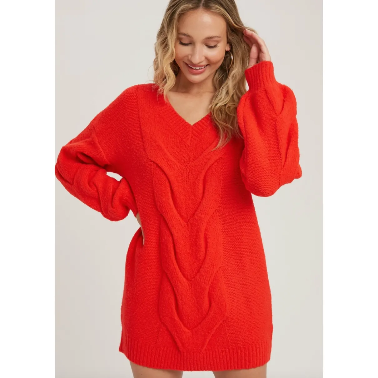 Red Spiral Twist Cable Tunic Sweater